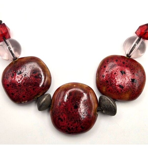 Handmade Red Ceramic Beads and Gunmetal Gray Accents on Leather Cord Necklace - Picture 1 of 4